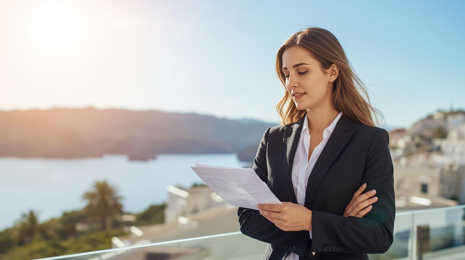Hotel manager in the Mediterranean reviewing a sustainability dashboard on a tablet, demonstrating GSTC compliance tracking with Elia Go.